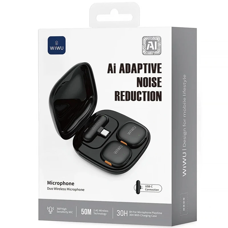 Петличный беспроводной микрофон WiWU Wi-WM006 AI Adaptive Noise Reduction Type-C – Black. Фото 6 из 6