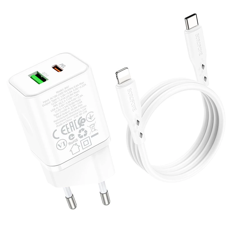 МЗП Borofone BN7 PD20W+QC3.0 (1USB-A/1C) + Type-C to Lightning – White. Фото 5 з 8