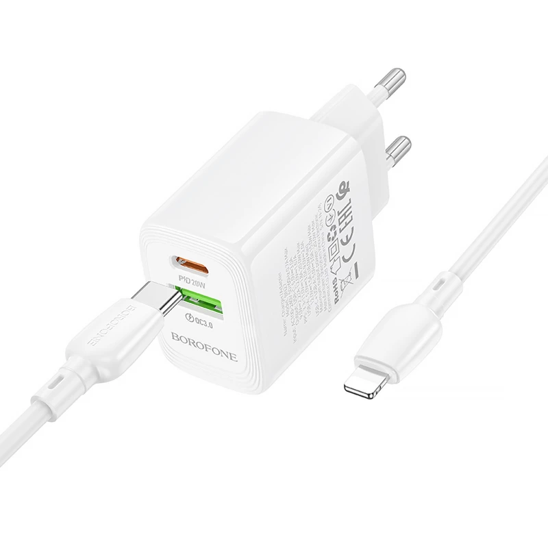 МЗП Borofone BN27 Fuente PD20W+QC3.0 (1USB-A/1C) + кабель Type-C to Lightning – White. Фото 4 з 6