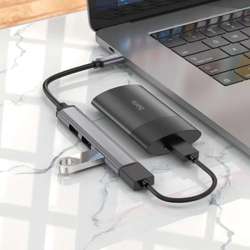 Перехідник Hoco HB26 4in1 (Type-C to USB3.0+USB2.0*3) – Metal gray. Фото 3 з 3