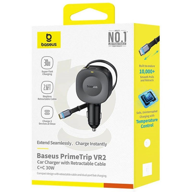 АЗП Baseus PrimeTrip VR2 30W with retractable cable (2USB-C) (C0206401) – Cosmic Black. Фото 2 з 4