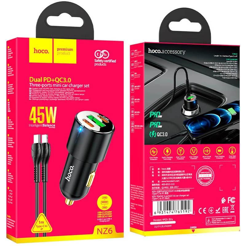 АЗУ Hoco NZ6 PD45W (2Type-C/1USB) + Type-C to Lightning – Black. Фото 6 з 7