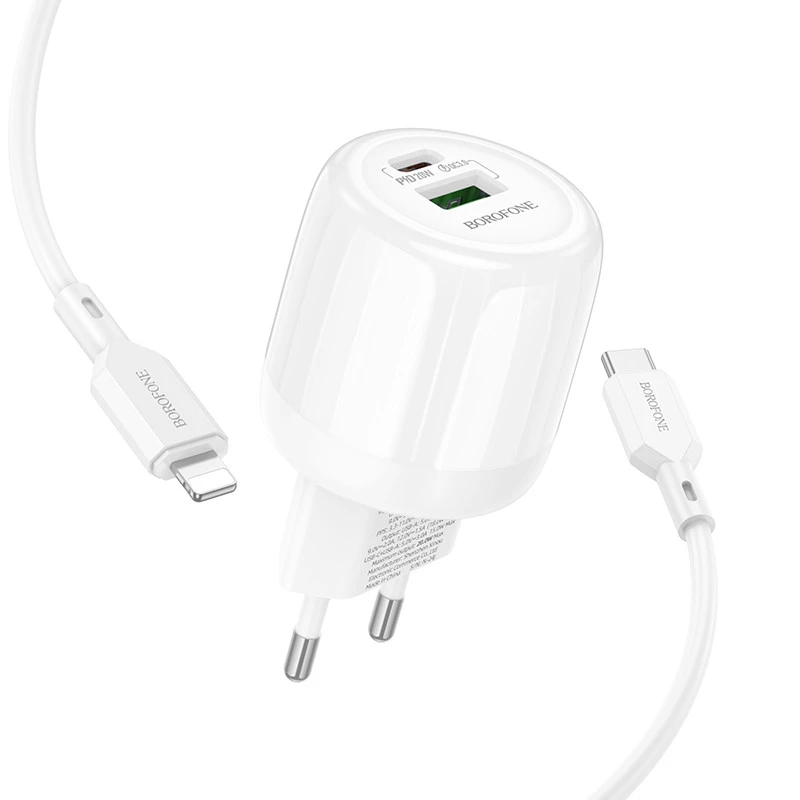 МЗП Borofone BA93A Lustrous PD20W+QC3.0 (1USB-A/1C) + кабель Type-C to Lightning – White. Фото 3 з 5