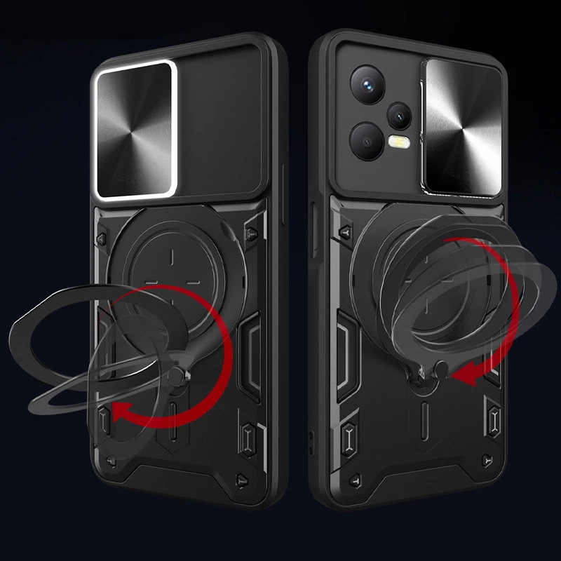 Ударопрочный чехол Bracket Ringstand с защитной шторкой для камеры для Xiaomi Redmi Note 12 Pro+ 5G – Black. Фото 4 из 6