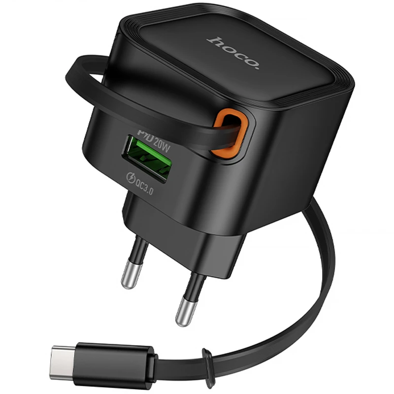 МЗП Hoco C154A Changer With Retractable Cable Type-C PD20W+QC3.0 (1USB-C) – Black. Фото 3 з 6