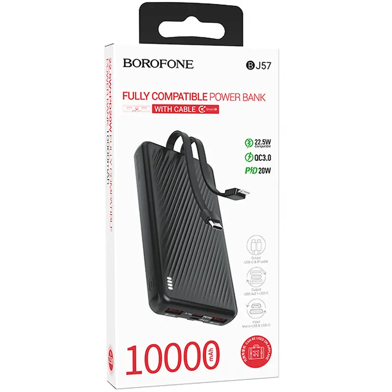 Портативний ЗП Power Bank Borofone BJ57 Graceful 22.5W+PD20W with cable 10000 mAh – Black. Фото 2 з 5