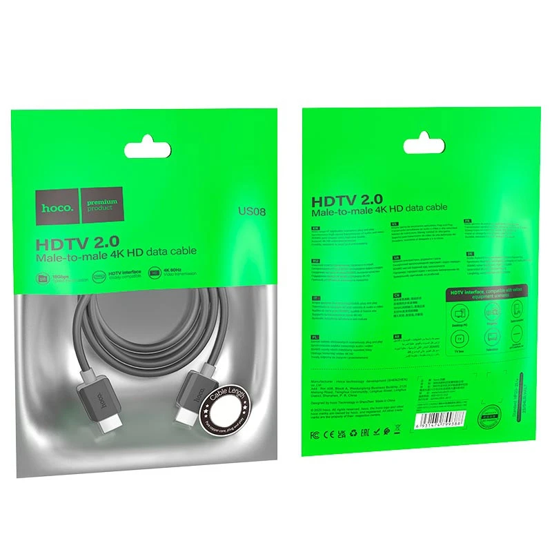 Дата кабель Hoco US08 HDTV 2.0 male to male 4K HD (3m) – Black. Фото 6 з 7