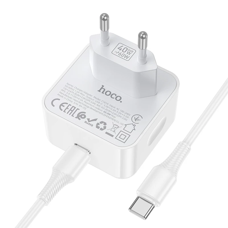 СЗУ Hoco C161A Speed PD40W (1USB-C) + кабель Type-C to Type-C – White. Фото 5 из 6