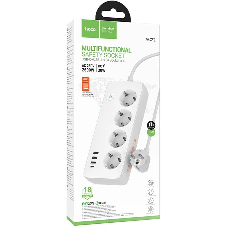 Удлинитель Hoco AC22 Sunlight (PD30W/1C/3A/4xSocket) (1.5m) – White. Фото 2 из 5