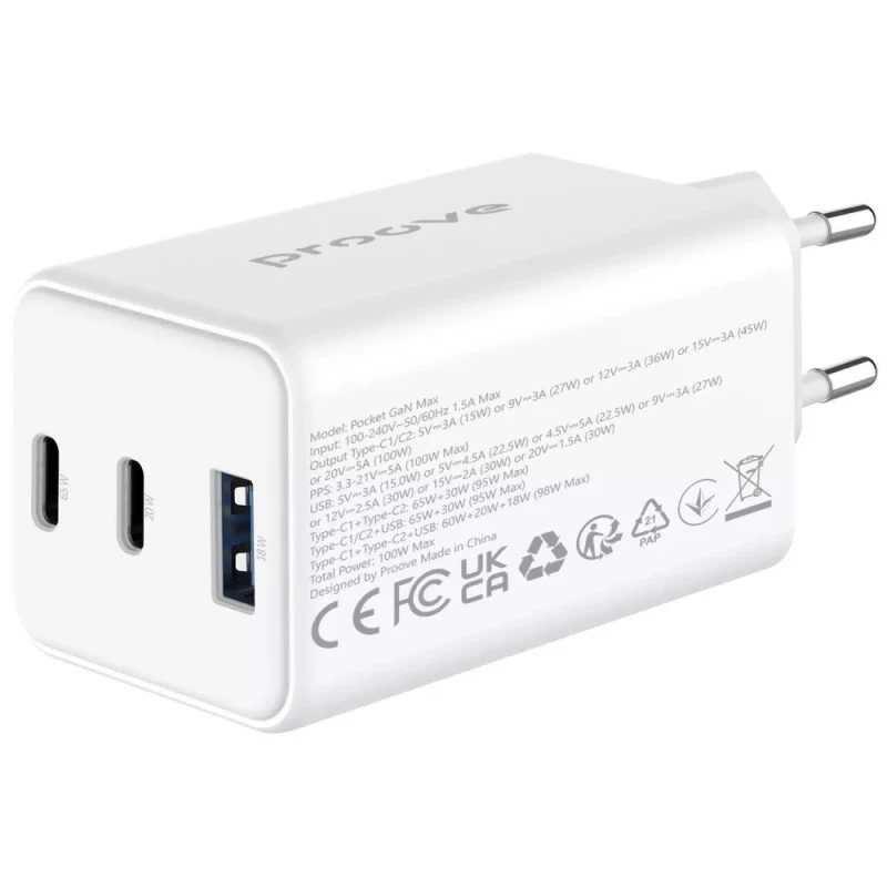 СЗУ Proove Pocket GaN 65W (1USB-A/2C) – White. Фото 3 из 4