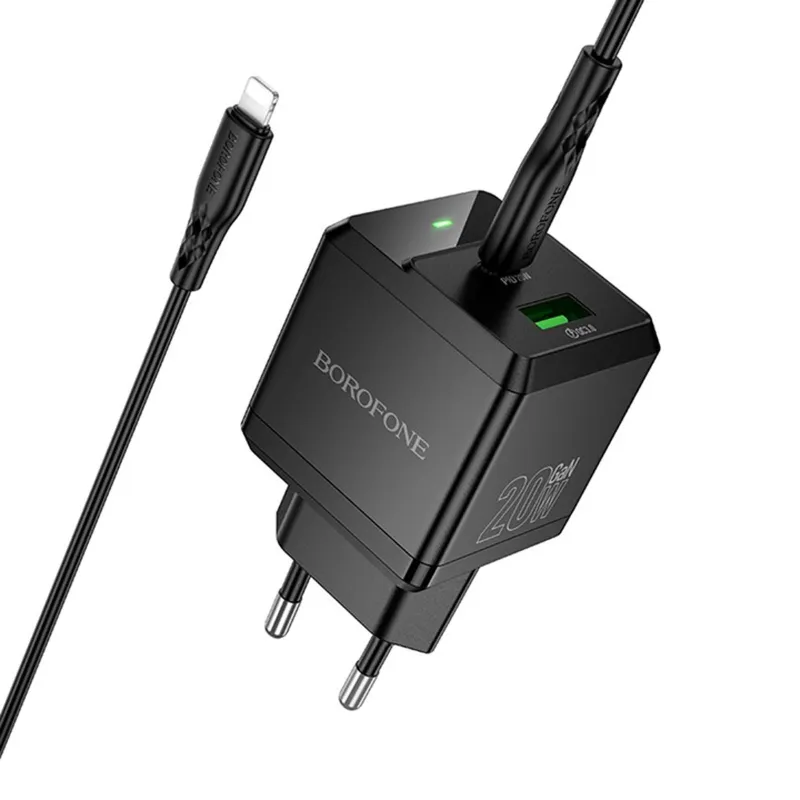 МЗП Borofone BN19 Intenso PD20W+QC3.0 (1USB-A/1C) + кабель Type-C to Lightning – Black. Фото 3 з 4