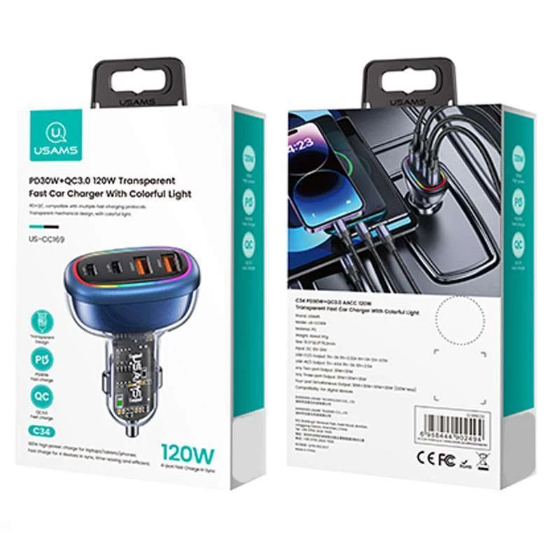 АЗУ Usams US-CC169 C34 PD30W+QC3.0 AACC 120W with Colorful Light – Blue. Фото 5 из 5