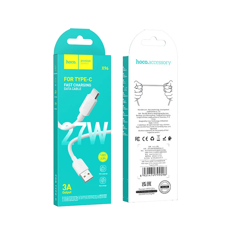 Дата кабель Hoco X96 Hyper USB to Type-C 27W (1m) – White. Фото 2 из 5