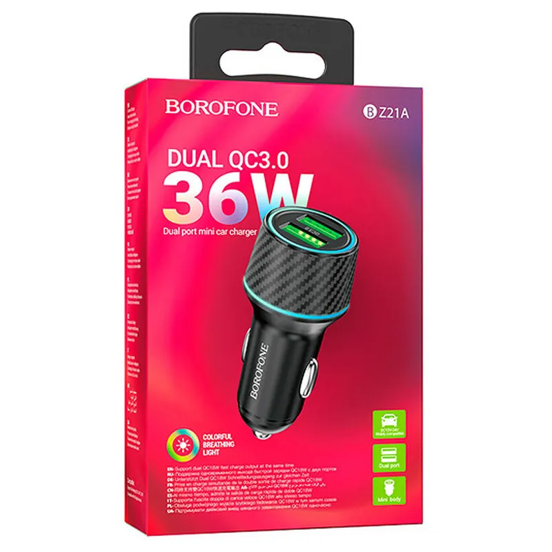 АЗП Borofone BZ21A Brilliant QC3 total 36W (2USB-A) – Black. Фото 3 з 3