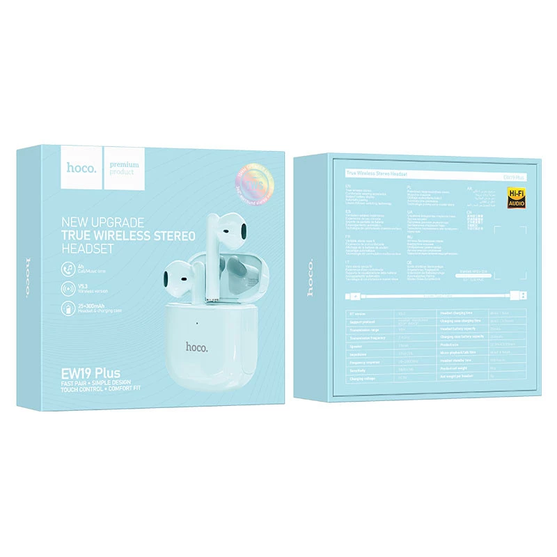 Бездротові TWS навушники Hoco EW19 Plus – Блакитний / Sky Blue. Фото 3 з 3
