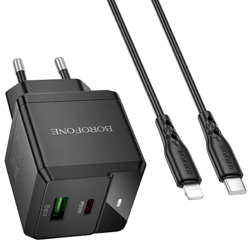 МЗП Borofone BN19 Intenso PD20W+QC3.0 (1USB-A/1C) + кабель Type-C to Lightning – Black. Фото 1 з 4