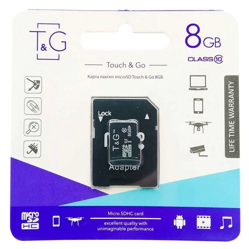 

Карта памяти T&G microSDHC 8 GB class 10 (с адаптером) (Черный), Чорний