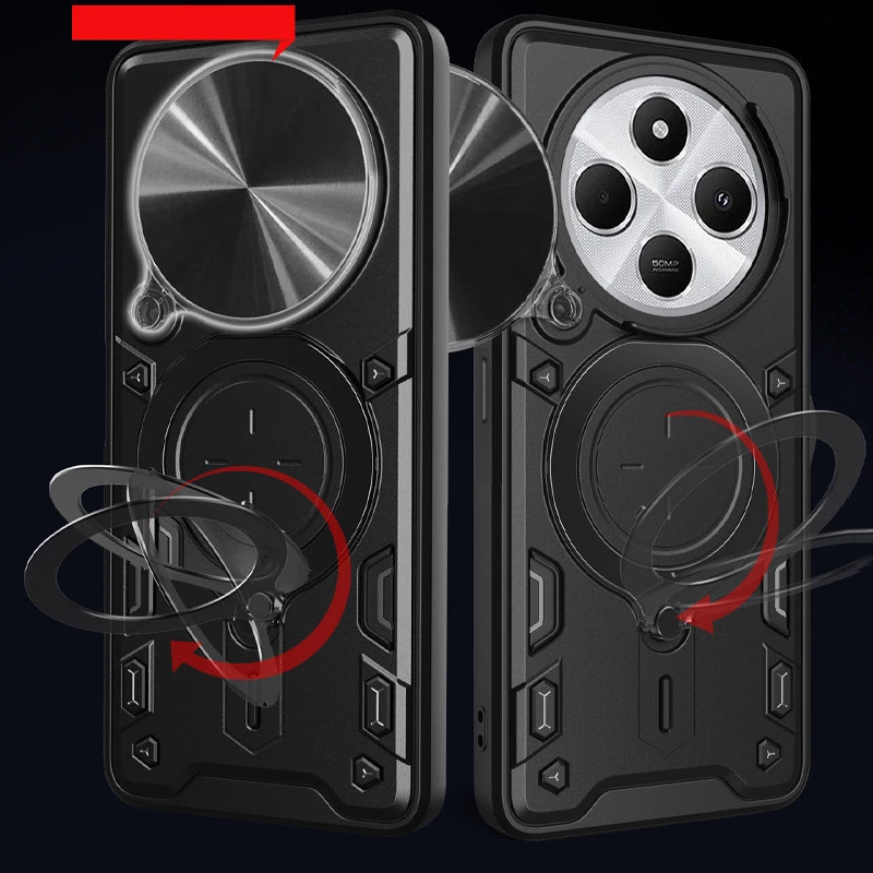 Ударопрочный чехол Bracket Ringstand с защитной шторкой для камеры для Xiaomi Redmi 14C / Poco C75 – Black. Фото 3 из 6