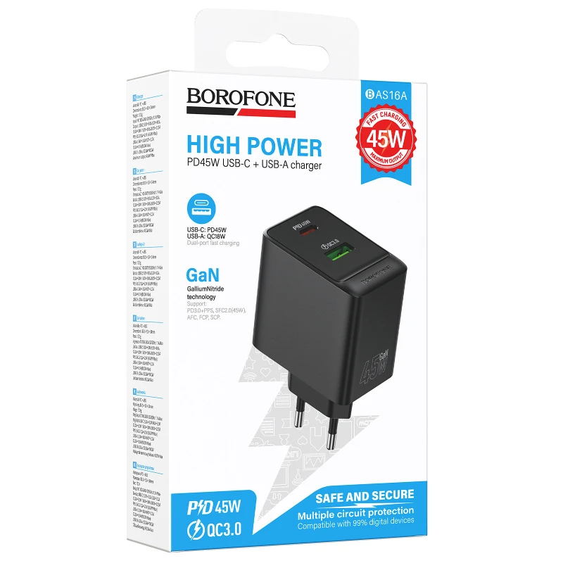 МЗП Borofone BAS16A Erudite PD45W+QC3.0 (1USB-A/1C) – Black. Фото 2 з 6