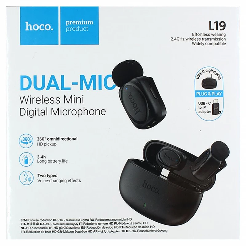 Петличный беспроводной микрофон Hoco L19 Graceful dual-mic 2in1 (Lightning/Type-C) – Black. Фото 6 из 7