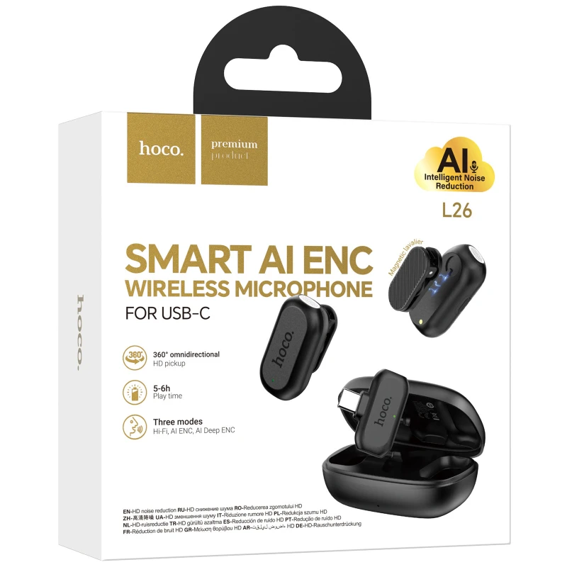 Петличний бездротовий мікрофон Hoco L26 Dual-mic Smart AI (Type-C) – Black. Фото 2 з 6