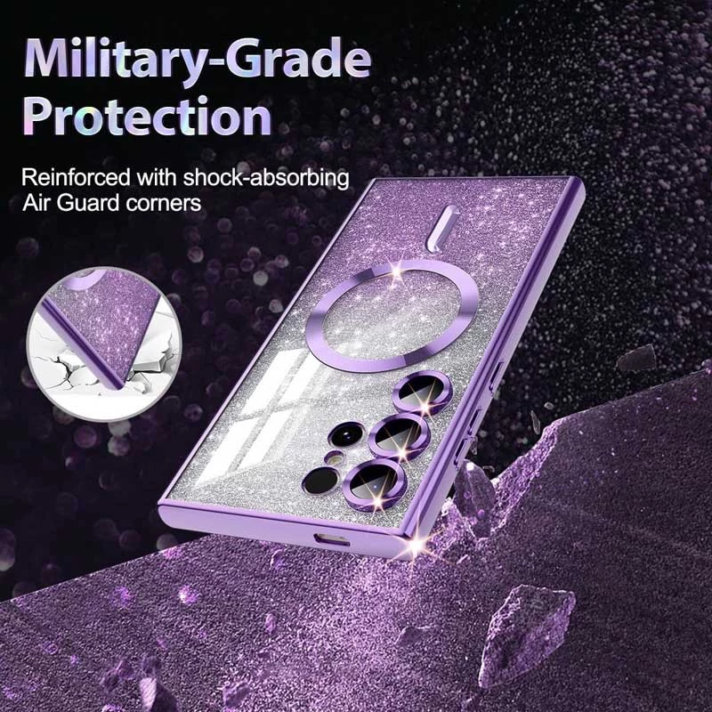 Чехол с блесками, защитными линзами на камеру и MagSafe для Samsung Galaxy S22 Ultra – Фиолетовый / Purple. Фото 3 из 4