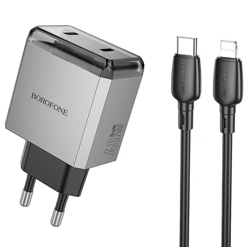 СЗУ Borofone BN21 Lena PD40W+QC3.0 (2USB-C) + кабель Type-C to Lightning – Metal gray. Фото 1 из 6
