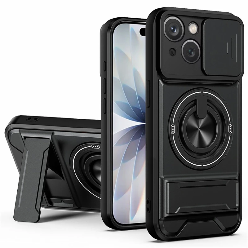 Ударостійкий чохол Camshield StandRing case для Apple iPhone 13 (6.1") – Black. Фото 1 з 2