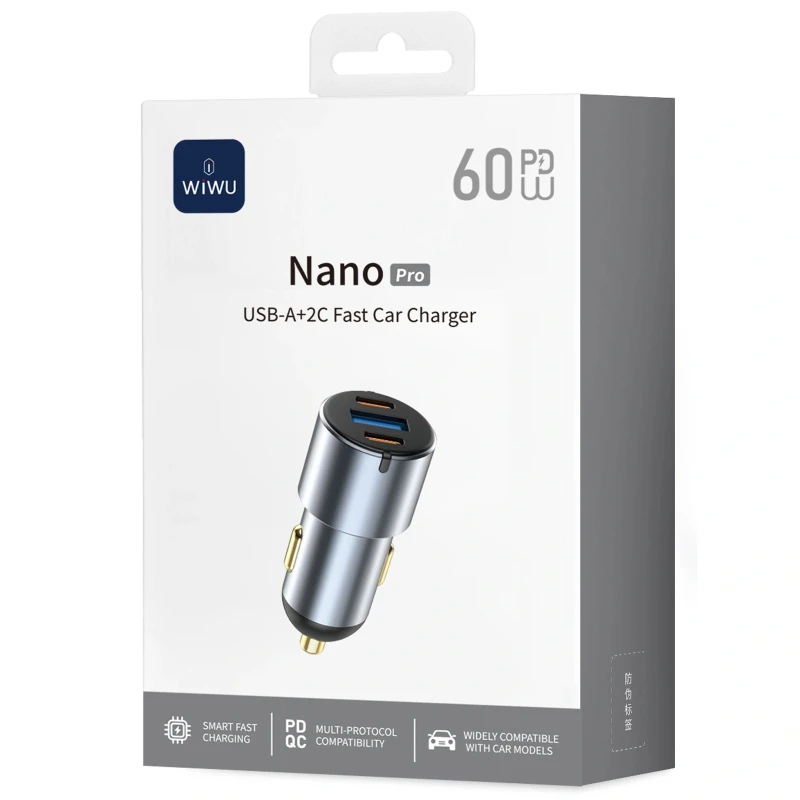 АЗП WIWU CC032 Nano Pro PD60W+QC3.0 (1USB-A/2C) – Gray. Фото 2 з 4