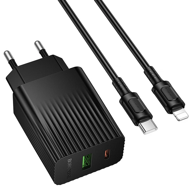 СЗУ Borofone BAS76A Source PD30W+QC3.0 (1USB-A/1C) + кабель Type-C to Lightning – Black. Фото 3 из 4