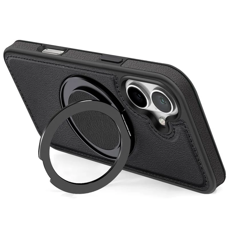 Шкіряна ретро накладка з кільцем та Magnetic Safe на Apple iPhone 16 – Black. Фото 2 з 6