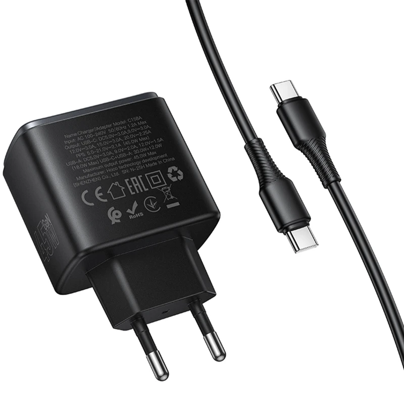 МЗП Hoco C158A Upgrade PD45W (1USB-A/1C) + кабель Type-C to Type-C – Black. Фото 6 з 6