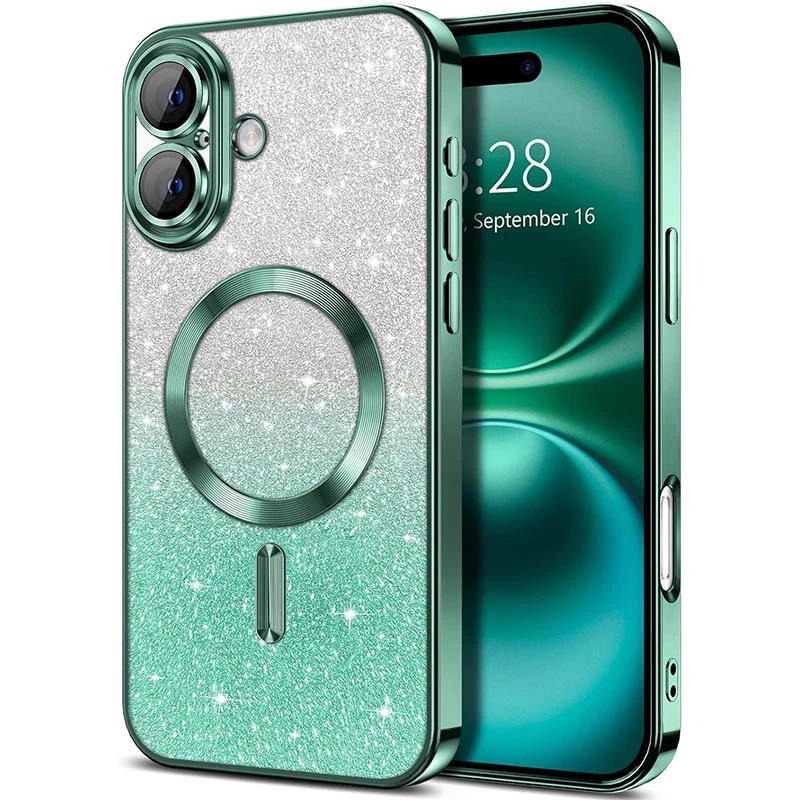 Чохол з блискітками, захисними лінзами на камеру та MagSafe на Apple iPhone 16 Plus – Зелений / Emerald. Фото 2 з 2