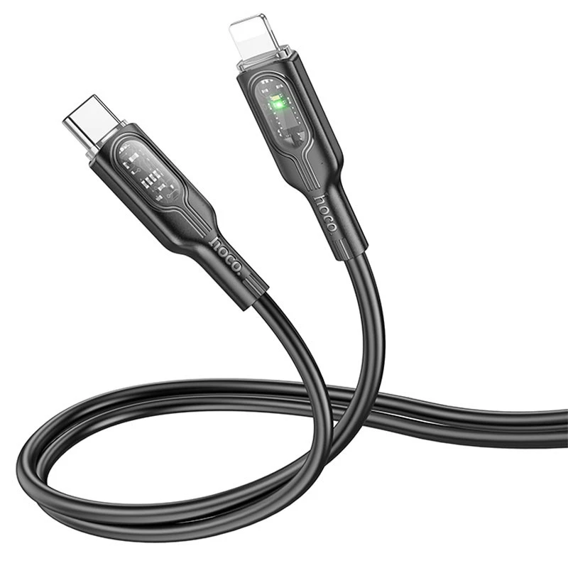 Дата кабель Hoco U120 Transparent explore intelligent power-off PD 27W Type-C to Lightning (1.2m) – Black. Фото 2 з 6
