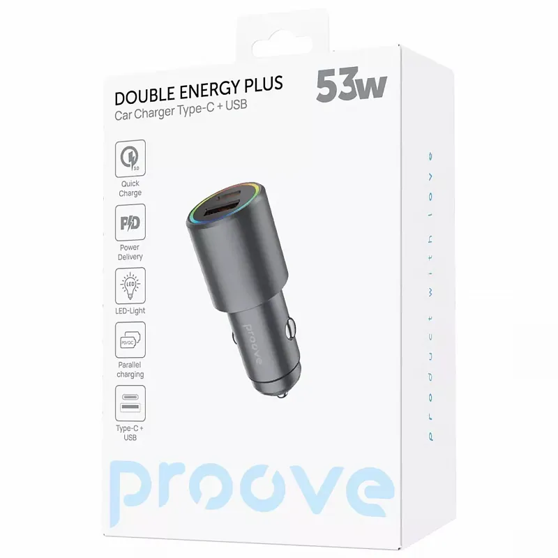 АЗП Proove Double Energy Plus PD53W+QC3.0 (1USB-A/1C) – Metal gray. Фото 6 з 6