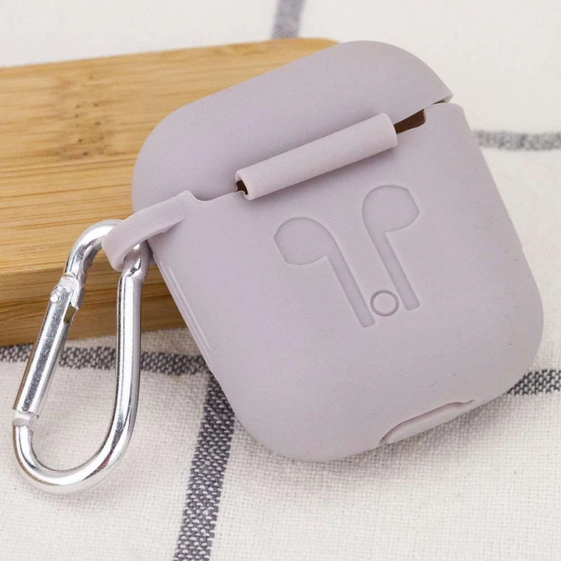 Силіконовий футляр для навушників Airpods Slim Logo + карабін – Сірий / Lavender. Фото 3 з 3