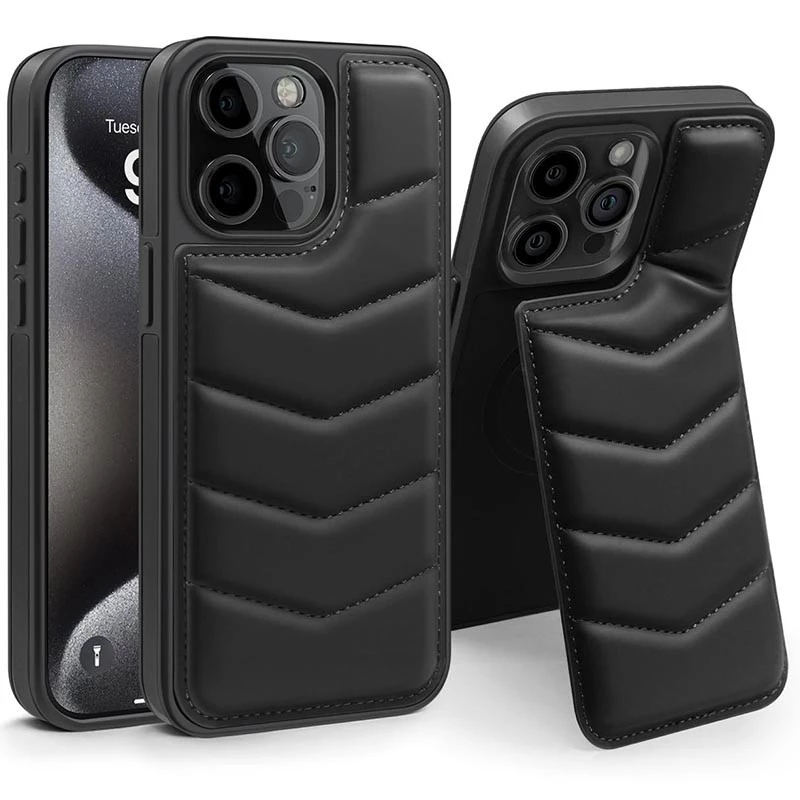 Шкіряна накладка Пуховик з Magnetic Safe на Apple iPhone 14 Pro (6.1") – Black. Фото 1 з 5