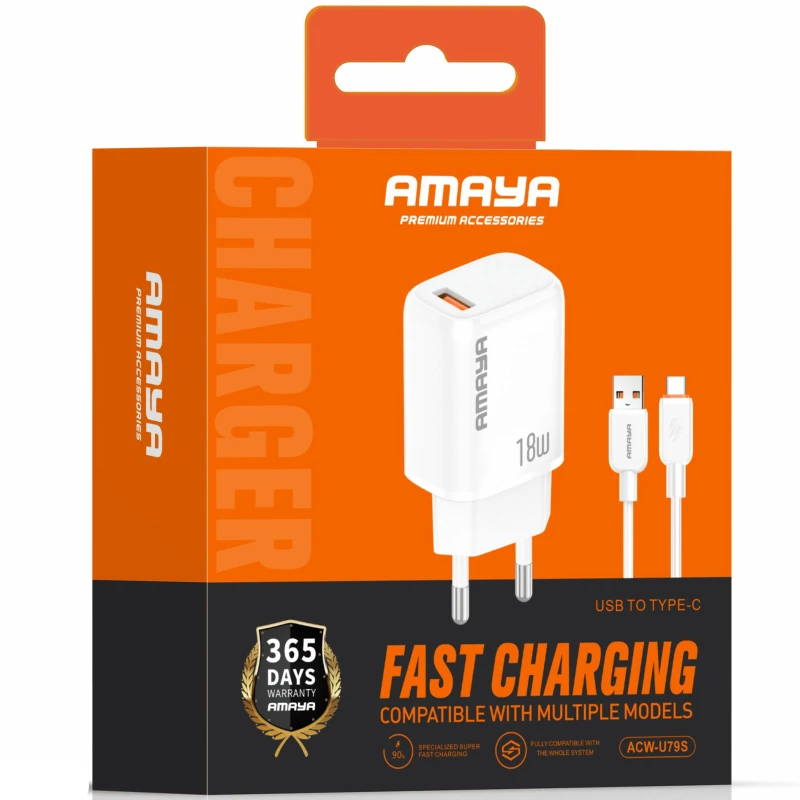 МЗП Amaya U79S QC3.0 18W (1USB-A) + кабель USB to Type-C – White. Фото 2 з 2