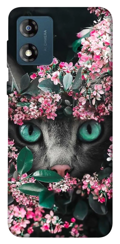 Чохол на Motorola Moto E13 Кіт в квітах фото 1 з 1